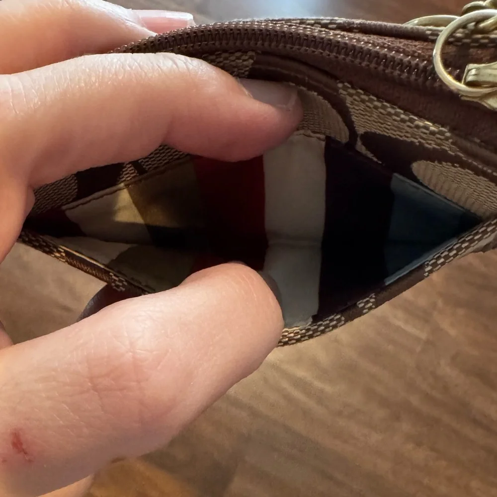 Coach Brown and Tan CC Patterned Change Purse with Key Ring